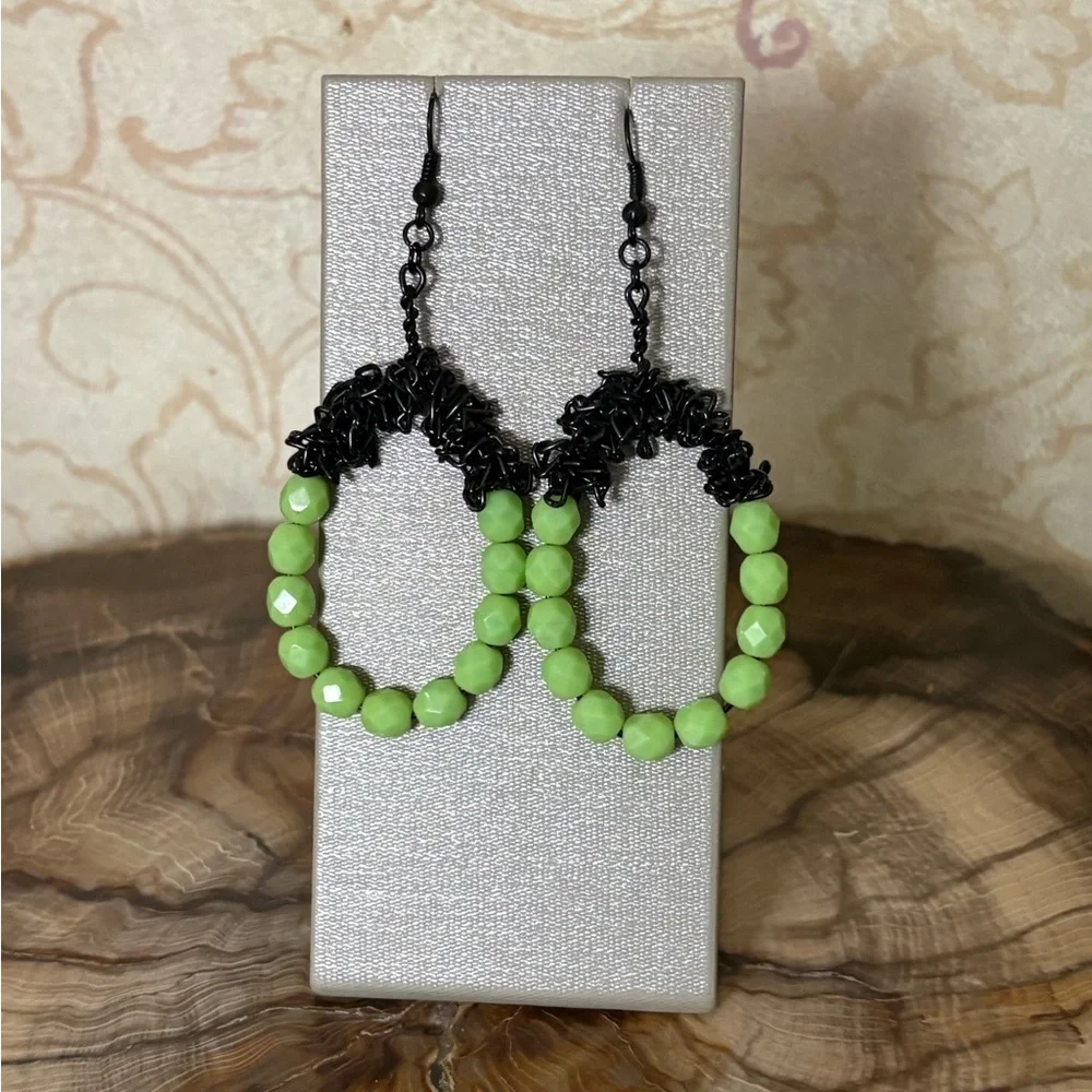 💚 Set/2 Green Beaded Earrings Wire Wrapped Fringe Handmade